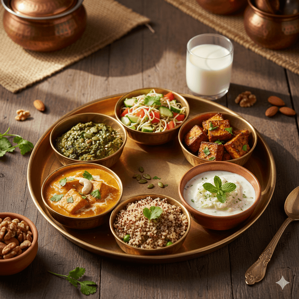Vegetarian South Asian bowl with legumes and tofu/paneer